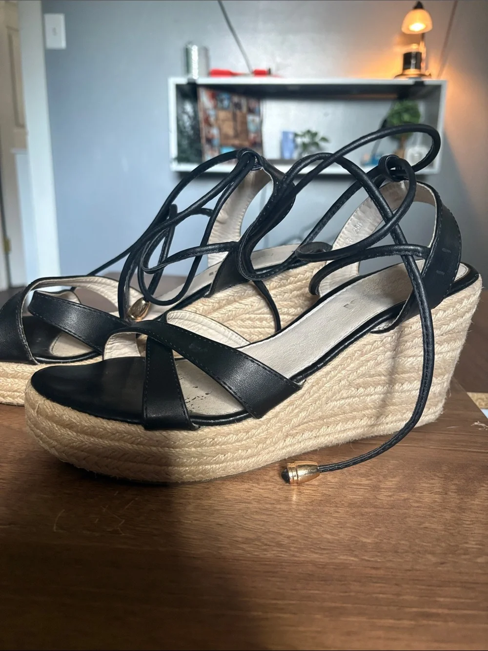 Ankle lace up black wedges